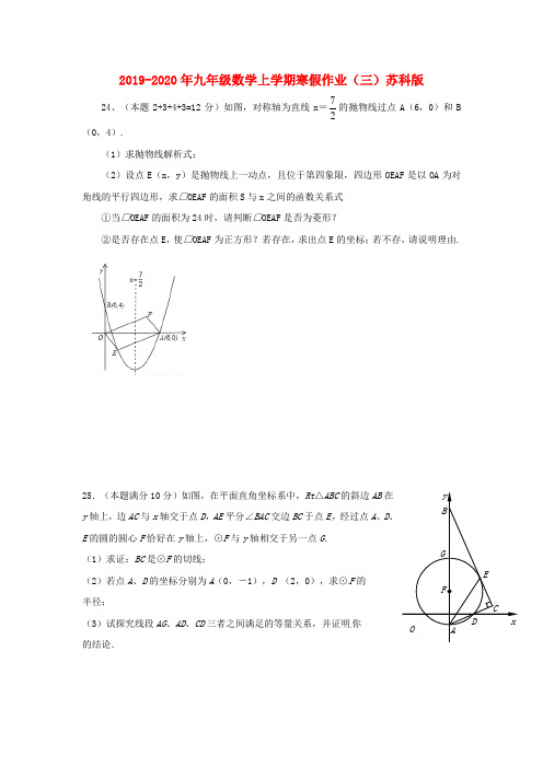 2019-2020年九年级数学上学期寒假作业(三)苏科版