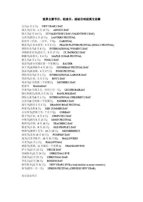 世界主要节日、纪念日、活动日对应英文名称