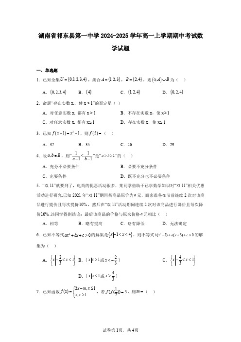 湖南省祁东县第一中学2024-2025学年高一上学期期中考试数学试题