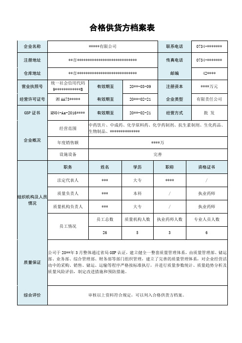 药品合格供货方档案表