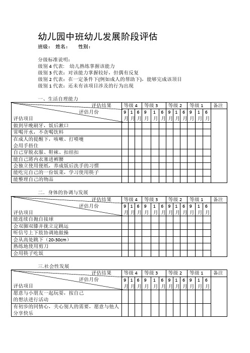 幼儿观察评估表格：幼儿园中班幼儿发展阶段评估