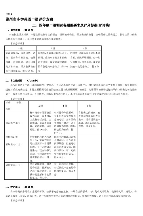 三、四年级口语测试各题型要求及评分标准(