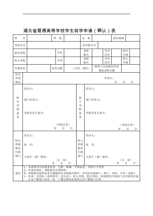 湖北省普通高等学校学生转学申请(确认)表