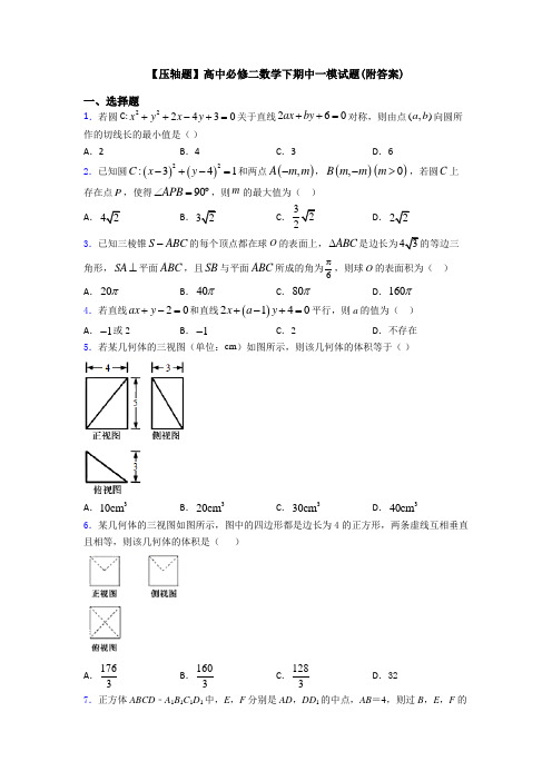 【压轴题】高中必修二数学下期中一模试题(附答案)