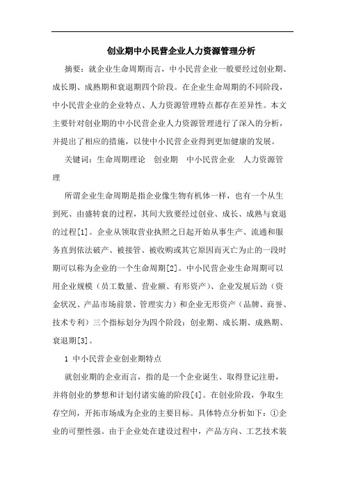 创业期中小民营企业人力资源管理分析