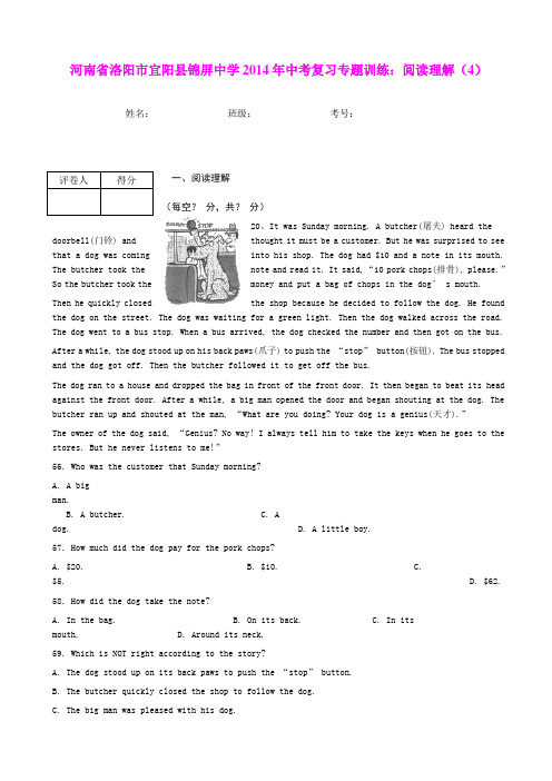 河南省洛阳市宜阳县锦屏中学2014年中考复习专题训练：阅读理解(4)