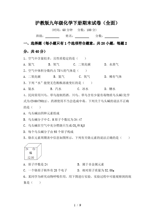 沪教版九年级化学下册期末试卷(全面)