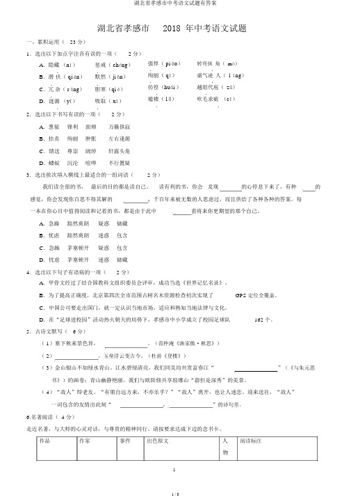 湖北省孝感市中考语文试题有答案