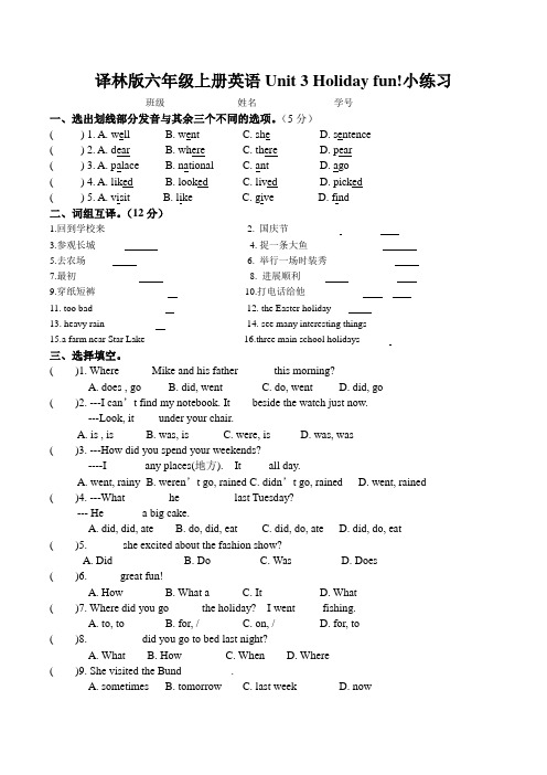 译林版六年级上册英语Unit 3 Holiday fun!小练习