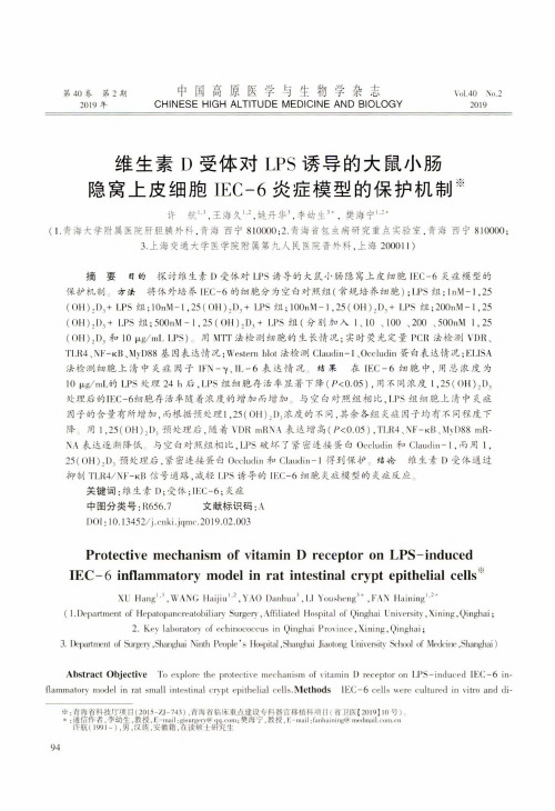 维生素D受体对LPS诱导的大鼠小肠隐窝上皮细胞IEC-6炎症模型的保护机制