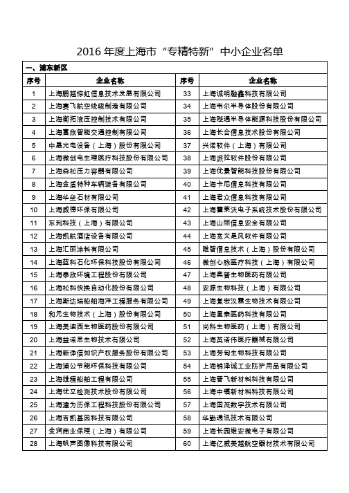 2016年度上海市专精特新中小企业名单