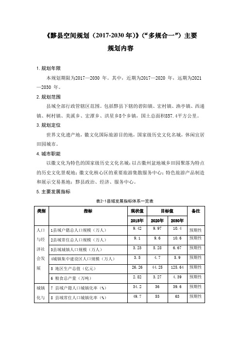 《黟县空间规划(2017-2030年)》(多规合一)主要