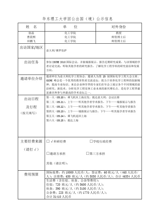 华东理工大学因公出国(境)公示信息