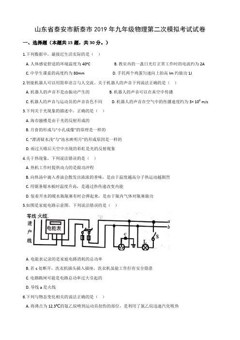 山东省泰安市新泰市2019年九年级物理第二次模拟考试试卷