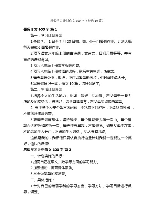 暑假学习计划作文600字（精选19篇）