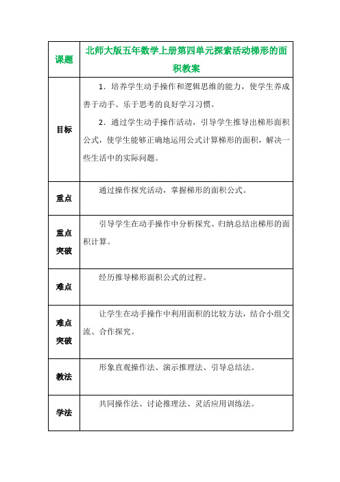 北师大版五年数学上册第四单元探索活动梯形的面积教案