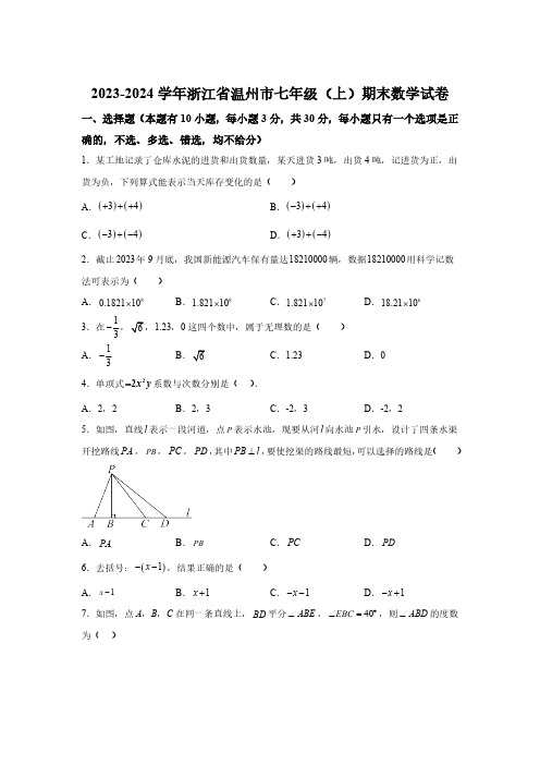 浙江省温州市2023-2024学年七年级上学期期末数学试题(含解析)