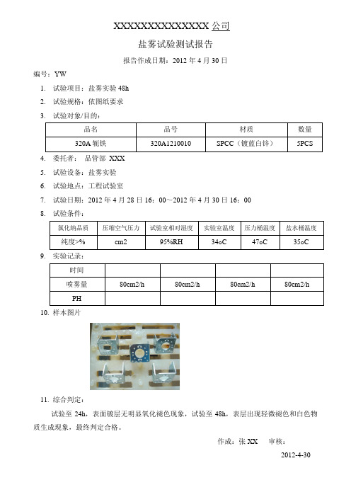 盐雾试验测试报告范本