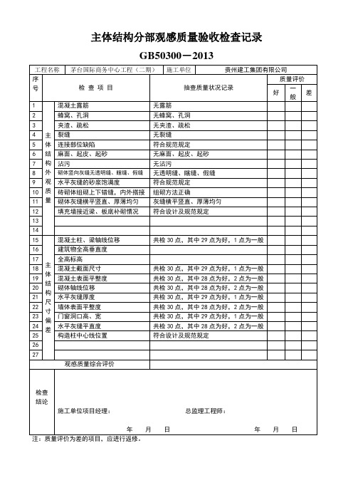 主体结构分部观感质量验收检查记录