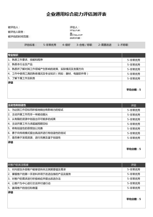 企业通用综合能力评估测评表