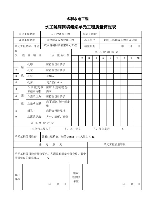 表1.10水工隧洞回填灌浆单元工程质量评定表