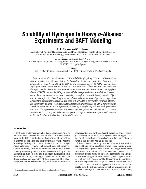 Solubility of Hydrogen in Heavy n-Alkanes Experiments and SAFT Modeling