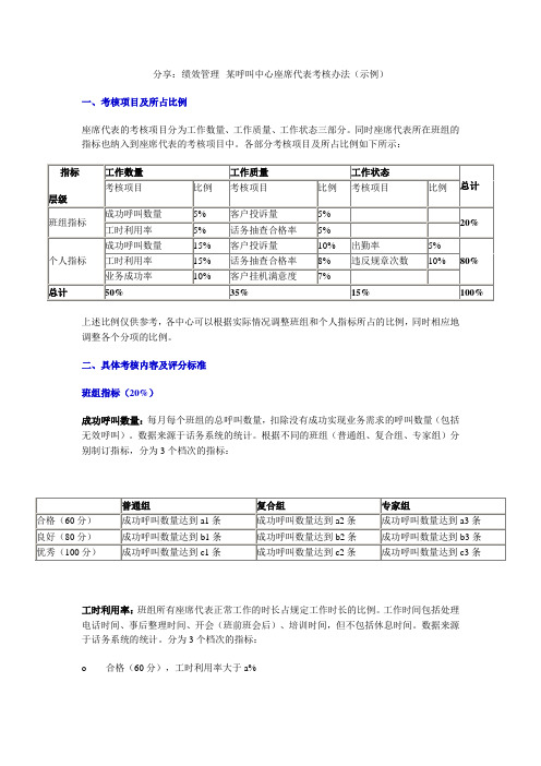 分享：绩效管理--某呼叫中心座席代表考核办法(示例)