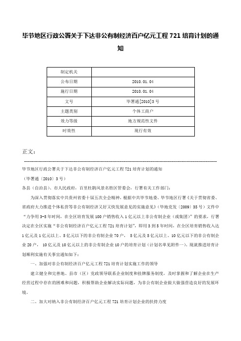 毕节地区行政公署关于下达非公有制经济百户亿元工程721培育计划的通知-毕署通[2010]3号