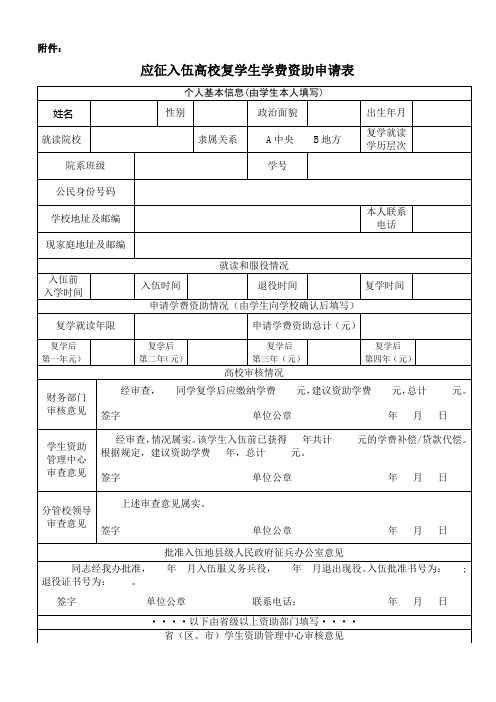 退役士兵复学学费资助申请表