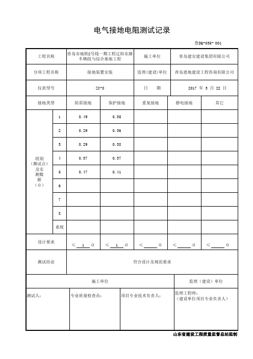 鲁DQ-035电气接地电阻测试记录