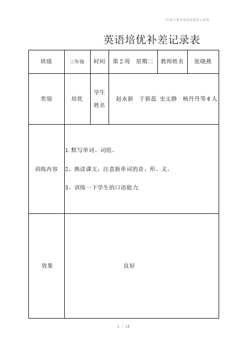 三年级下册英语培优辅差记录表