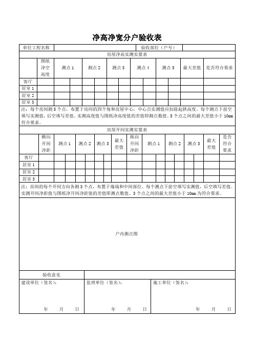 房屋净高净宽验收表