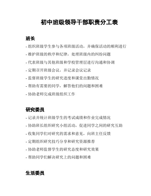 初中班级领导干部职责分工表