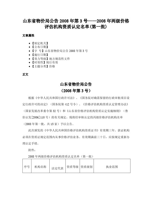 山东省物价局公告2008年第3号——2008年两级价格评估机构资质认定名单(第一批)