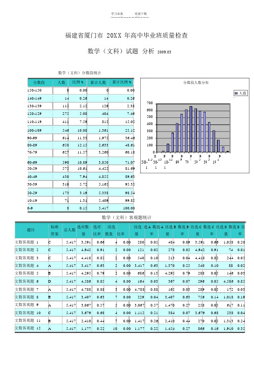 福建省厦门市年高中毕业班质量检查数学(文科)试题分析