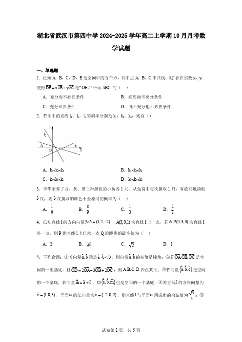 湖北省武汉市第四中学2024-2025学年高二上学期10月月考数学试题