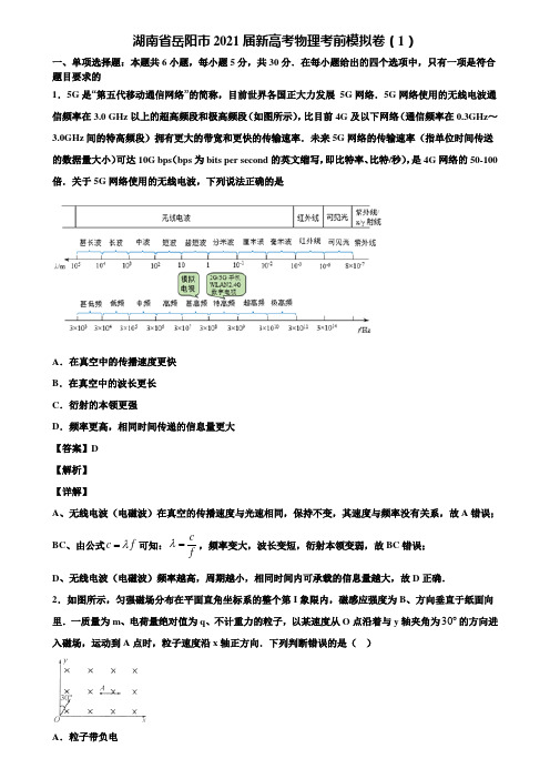 湖南省岳阳市2021届新高考物理考前模拟卷(1)含解析