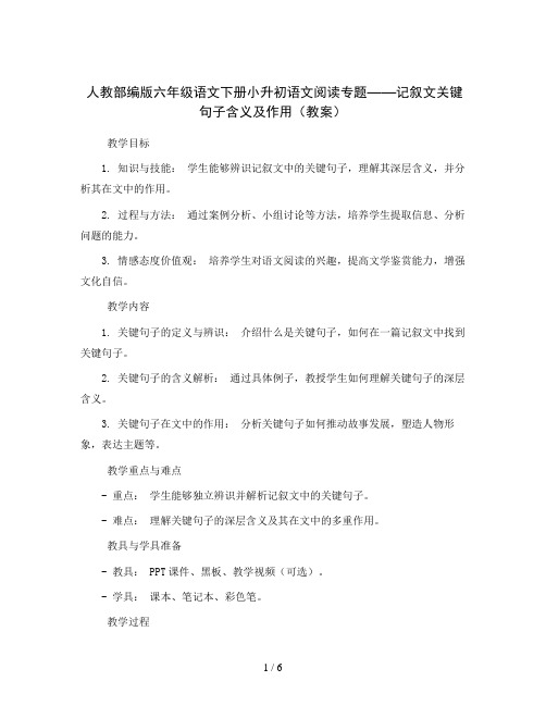 人教部编版六年级语文下册小升初语文阅读专题——记叙文关键句子含义及作用(教案)