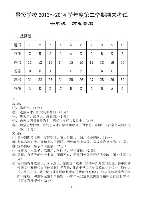 七年级下册 历史(人教版)期末模拟试卷答案