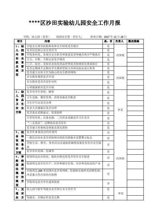 幼儿园安全工作月报表