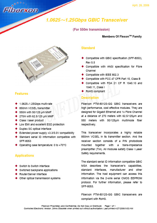 Fiberxon FTM-8012S-GG 1.0625-1.25Gbps GBIC Transce