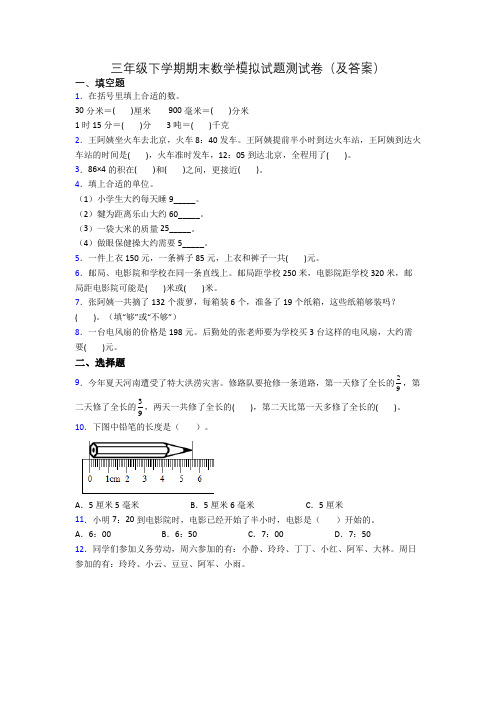 三年级下学期期末数学模拟试题测试卷(及答案)