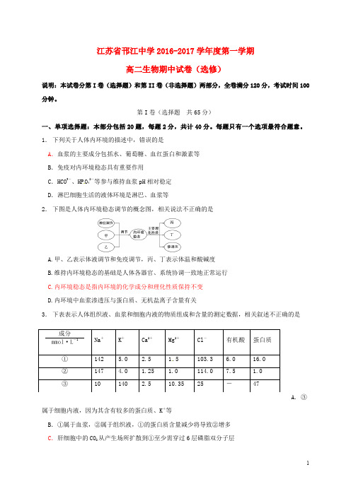 江苏省邗江中学高二生物上学期期中试题(选修)