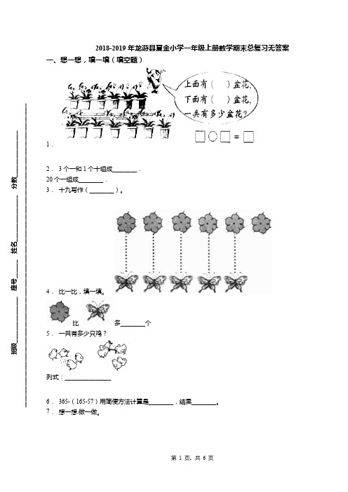 2018-2019年龙游县夏金小学一年级上册数学期末总复习无答案