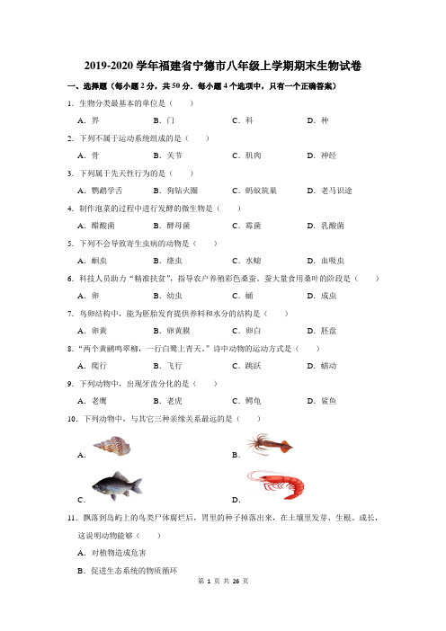 2019-2020学年福建省宁德市八年级上学期期末生物试卷及答案解析