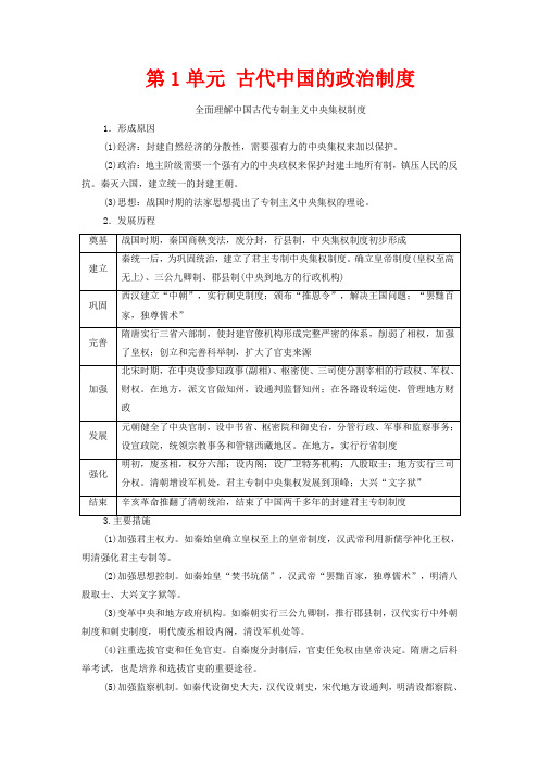 高考历史一轮复习 第1单元 古代中国的政治制度单元综合提升教学案