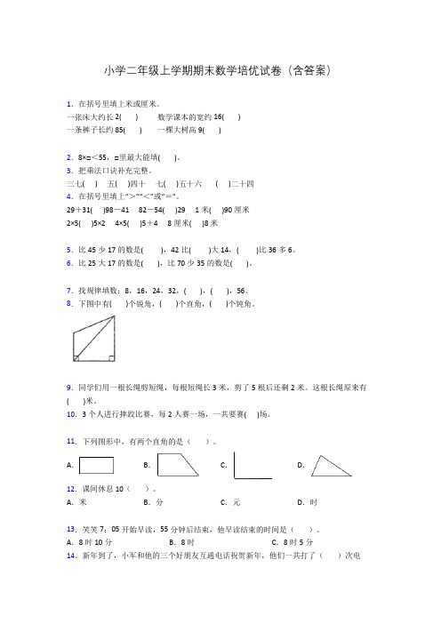 小学二年级上学期期末数学培优试卷(含答案)