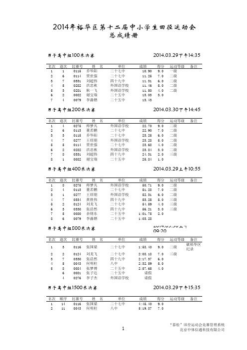 2014年裕华区第十二届中小学生田径运动会总成绩册