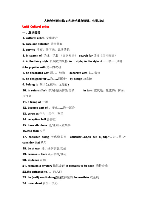 人教版英语必修二重点短语、句型总结复习过程