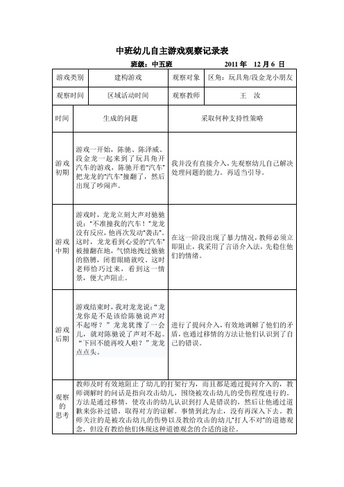 中班幼儿自主游戏观察记录表